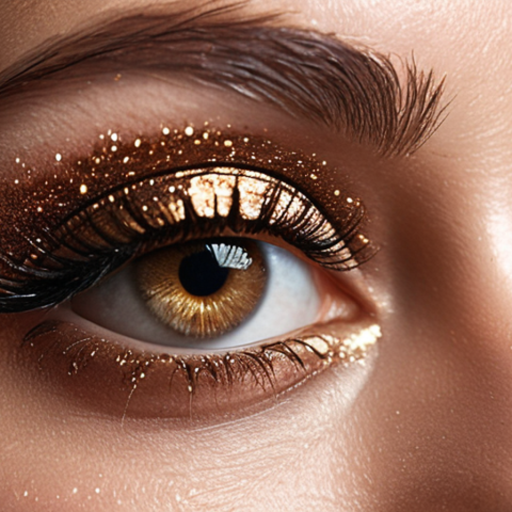**Close-up of a woman's eye with metallic bronze eyeshadow, highlighting the sparkle and radiance. Soft, diffused lighting.**