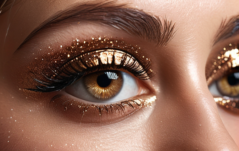 **Close-up of a woman's eye with metallic bronze eyeshadow, highlighting the sparkle and radiance. Soft, diffused lighting.**