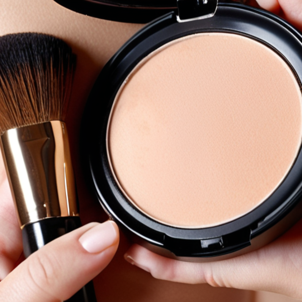 **
Close-up of a woman applying compact powder to her T-zone with a soft brush. Matte finish, focused on oil control. Powder is visible on the brush. Soft, diffused lighting. Oil-free, non-comedogenic formula emphasized. Mimic a cosmetic advertisement.
**