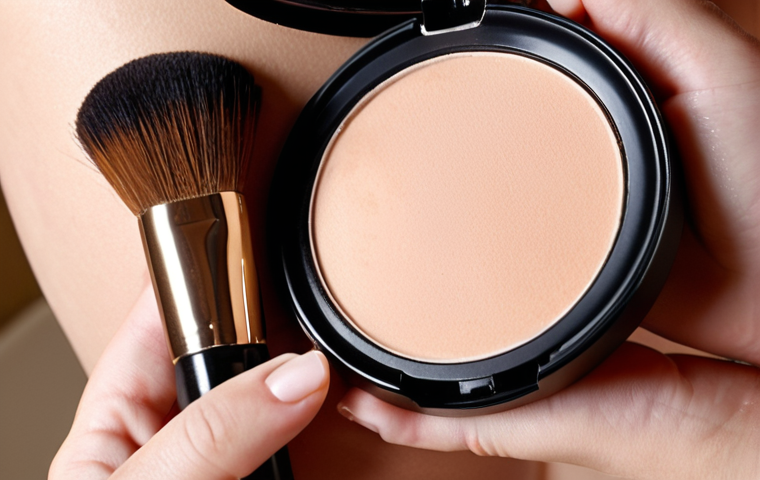 **

Close-up of a woman applying compact powder to her T-zone with a soft brush. Matte finish, focused on oil control. Powder is visible on the brush. Soft, diffused lighting. Oil-free, non-comedogenic formula emphasized. Mimic a cosmetic advertisement.

**