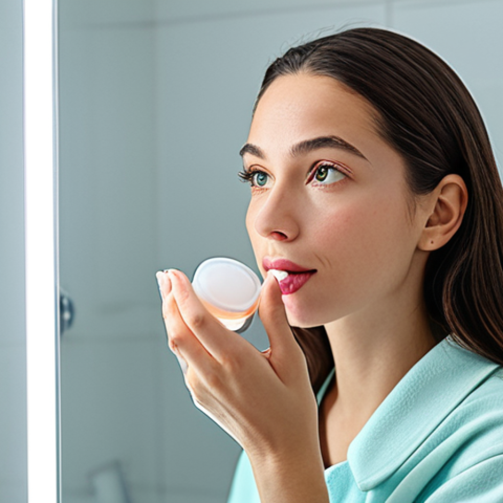 Everyday Hydration**

A woman applying a clear, glossy lip balm in a brightly lit bathroom. She is wearing comfortable clothes. Focus on her soft, healthy-looking lips. Capture the feeling of self-care and simplicity. "Safe for work," "appropriate content," "fully clothed," "modest," "professional photography," "high quality."

**