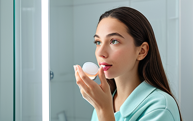 Everyday Hydration**

A woman applying a clear, glossy lip balm in a brightly lit bathroom. She is wearing comfortable clothes. Focus on her soft, healthy-looking lips. Capture the feeling of self-care and simplicity. "Safe for work," "appropriate content," "fully clothed," "modest," "professional photography," "high quality."

**