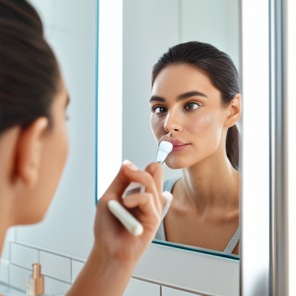 자외선 차단 메이크업 베이스 - **Prompt:** "A woman applying a light layer of foundation with SPF in a bright, modern bathroom. Foc...