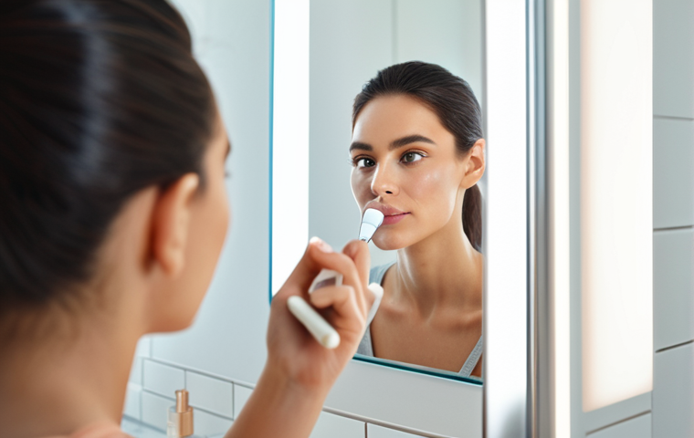 자외선 차단 메이크업 베이스 - **Prompt:** "A woman applying a light layer of foundation with SPF in a bright, modern bathroom. Foc...
